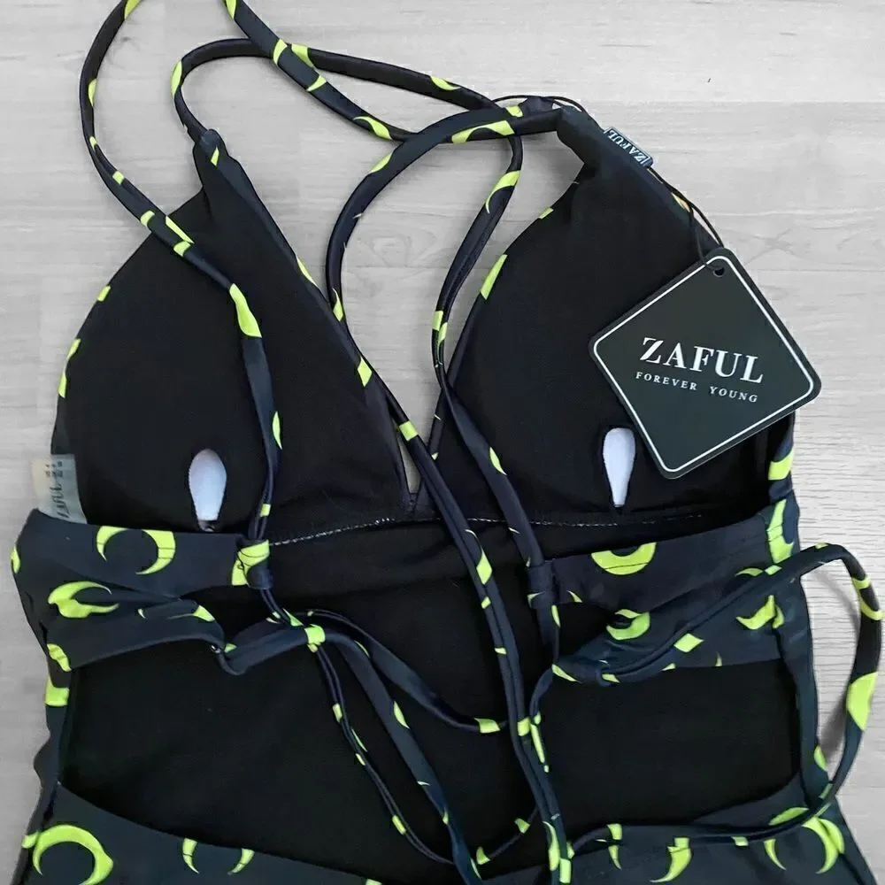 Zaful Swimsuit Black Neon Crescent Moon Size Small NEW With Tags
